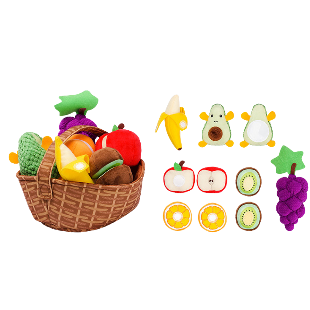 Jouet sensoriel en forme de panier de fruits et légumes en peluche