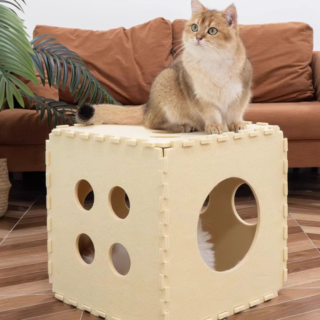 Beige Dice Felt Cat Cube - Cozy Cave