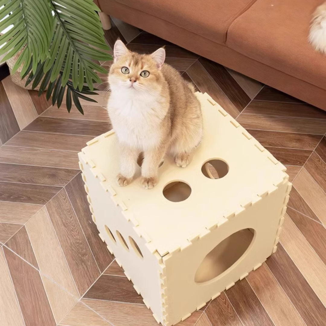 Beige Dice Felt Cat Cube - Cozy Cave
