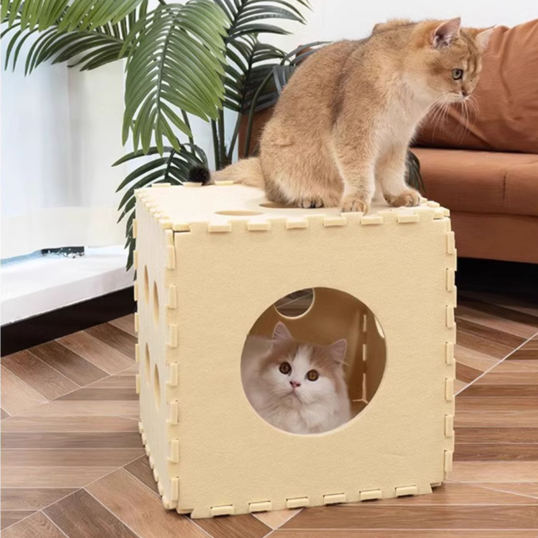 Beige Dice Felt Cat Cube - Cozy Cave