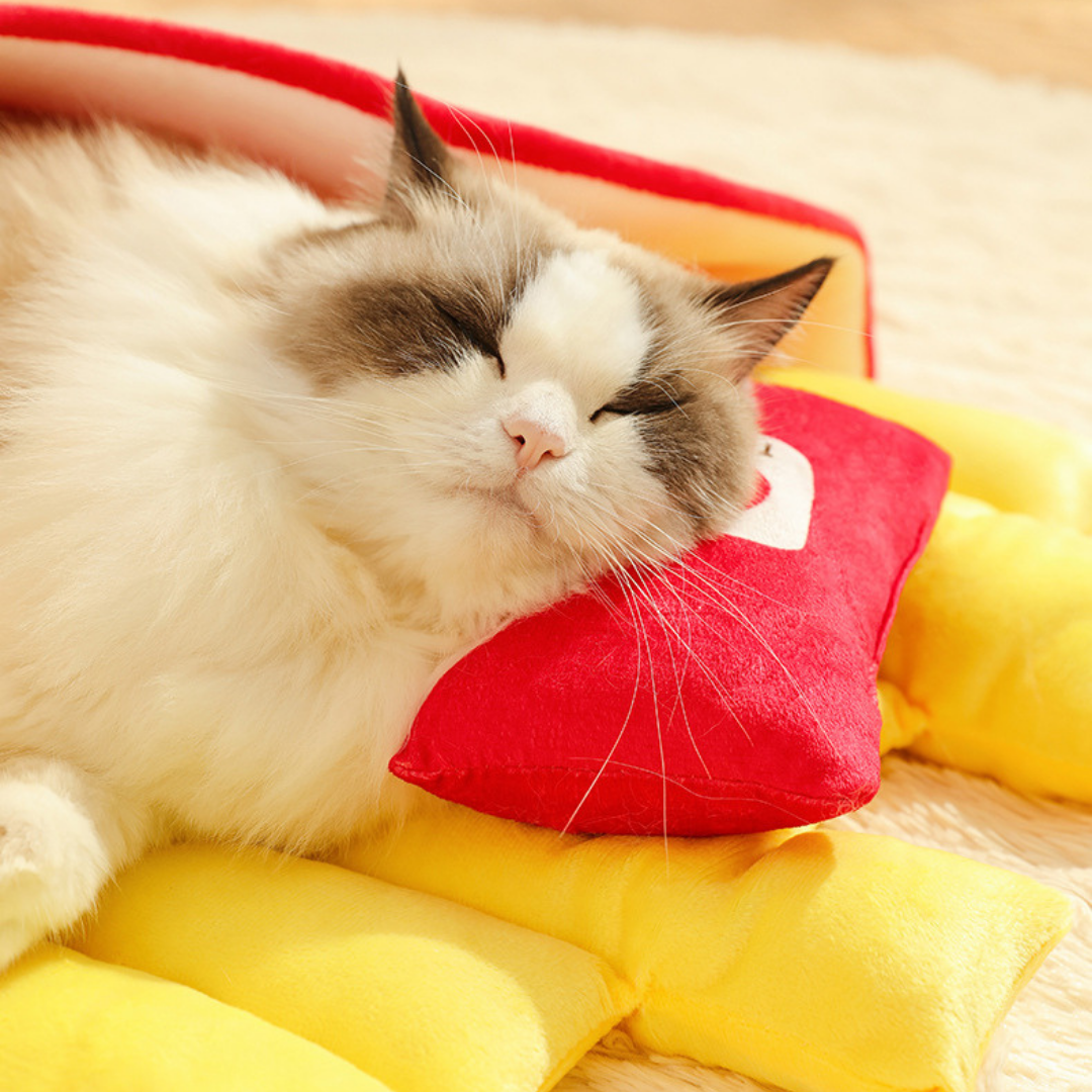 Lit pour chat en peluche avec boîte à frites