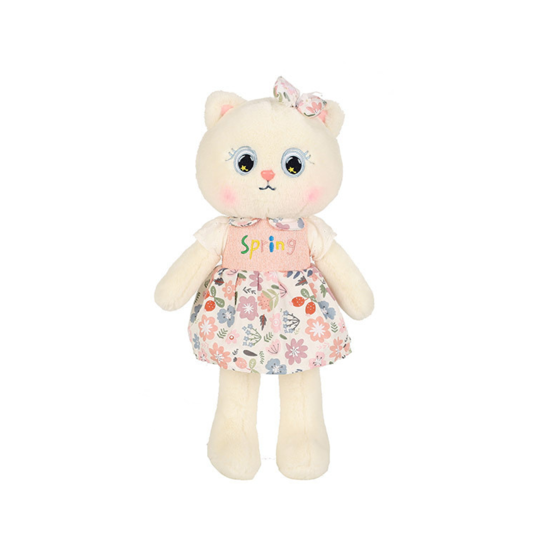 Poupée en peluche Country Folk Cat Girl avec robe à fleurs Srping 11,8 pouces