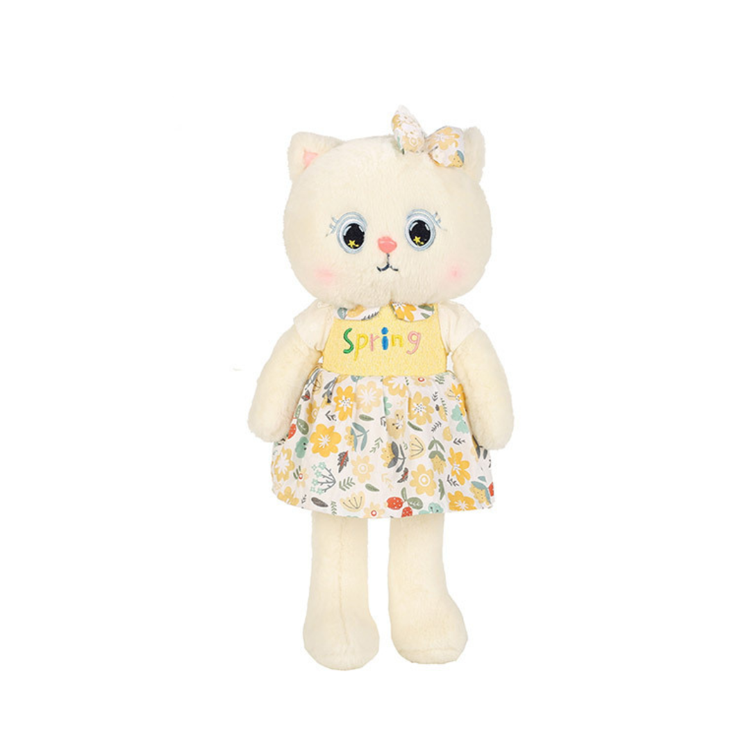 Poupée en peluche Country Folk Cat Girl avec robe à fleurs Srping 11,8 pouces