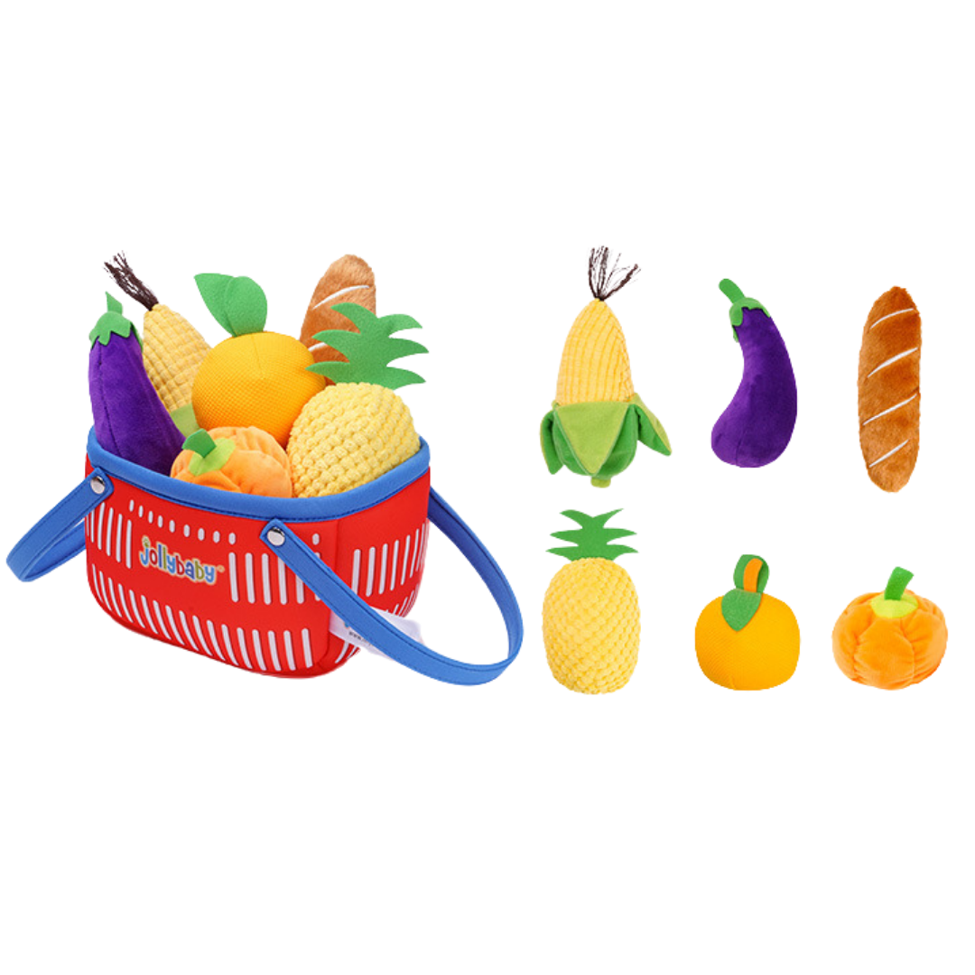 Jouet sensoriel en forme de panier de fruits et légumes en peluche
